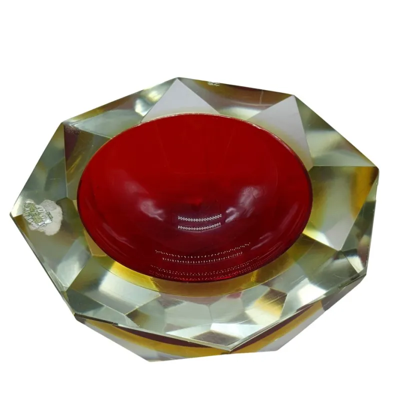 Pamono Vintage Italian Red and Yellow Faceted Glass Diamond Bowl by Flavio Poli, 1960s> Bowls
