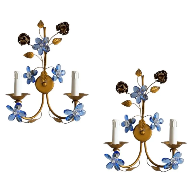 Pamono Vintage Italian Tole & Murano Glass Flower Wall Sconces, 1960s, Set of 2> Wall Lights & Sconces