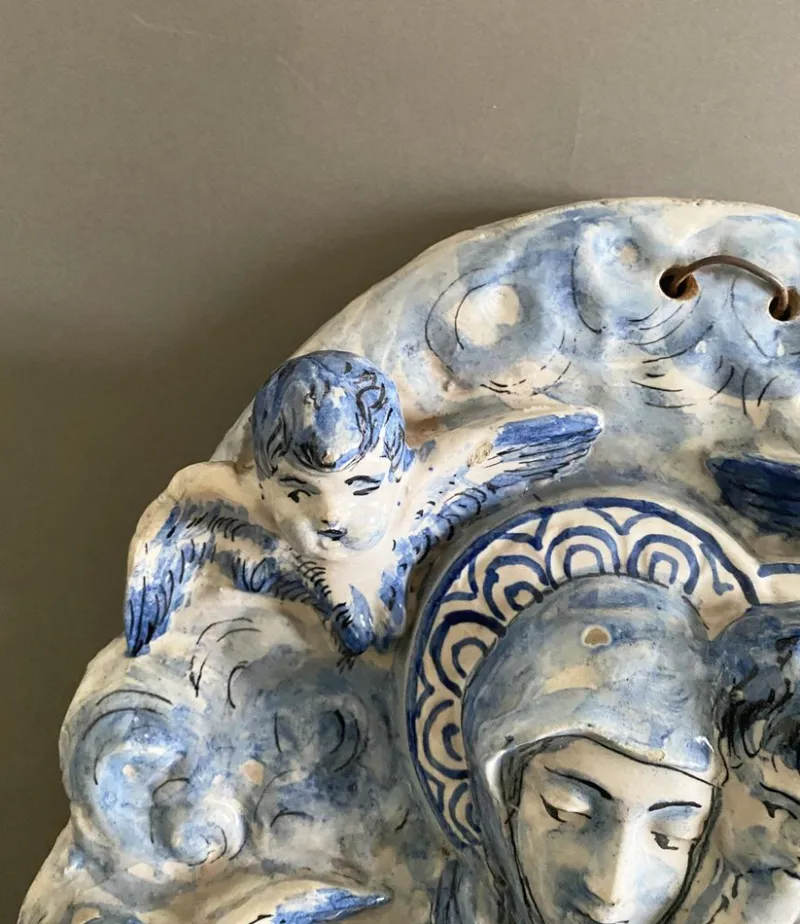 Pamono Vintage Italian White and Blue Pottery Holy Water Font with Little Angels, 1950s> Garden Accessories