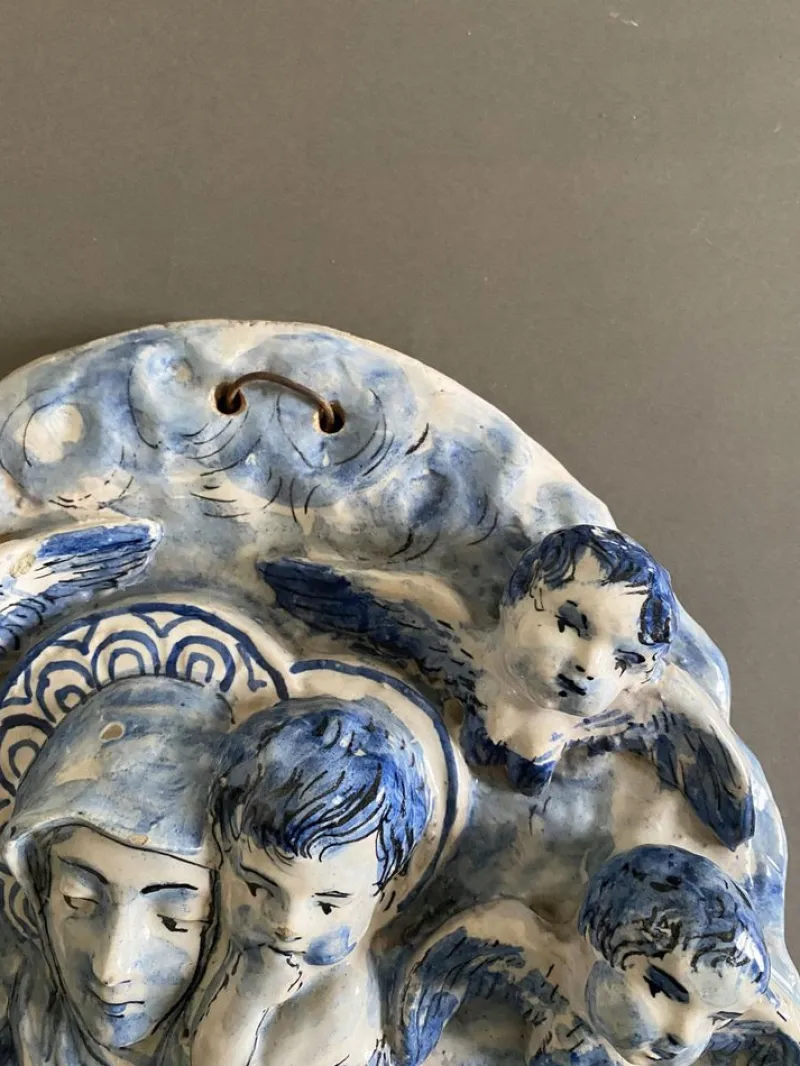 Pamono Vintage Italian White and Blue Pottery Holy Water Font with Little Angels, 1950s> Garden Accessories