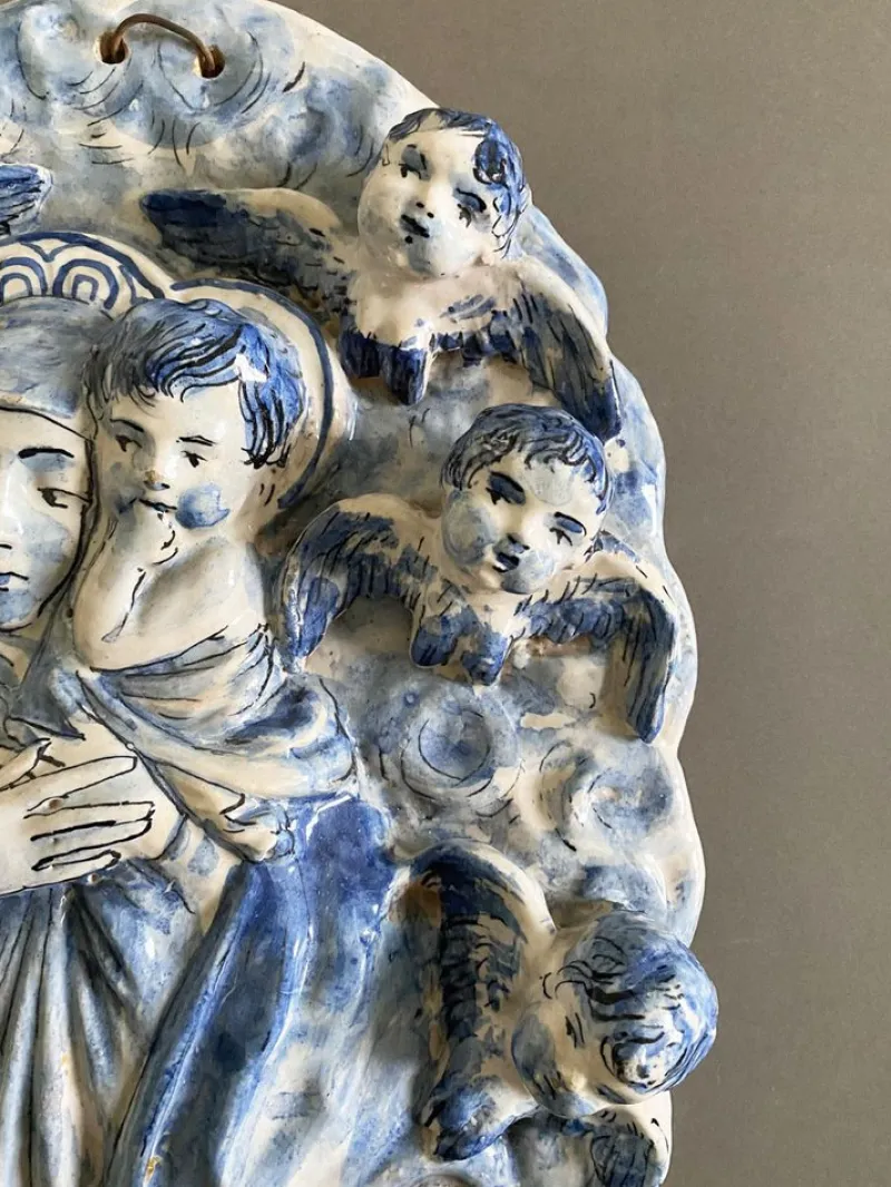 Pamono Vintage Italian White and Blue Pottery Holy Water Font with Little Angels, 1950s> Garden Accessories