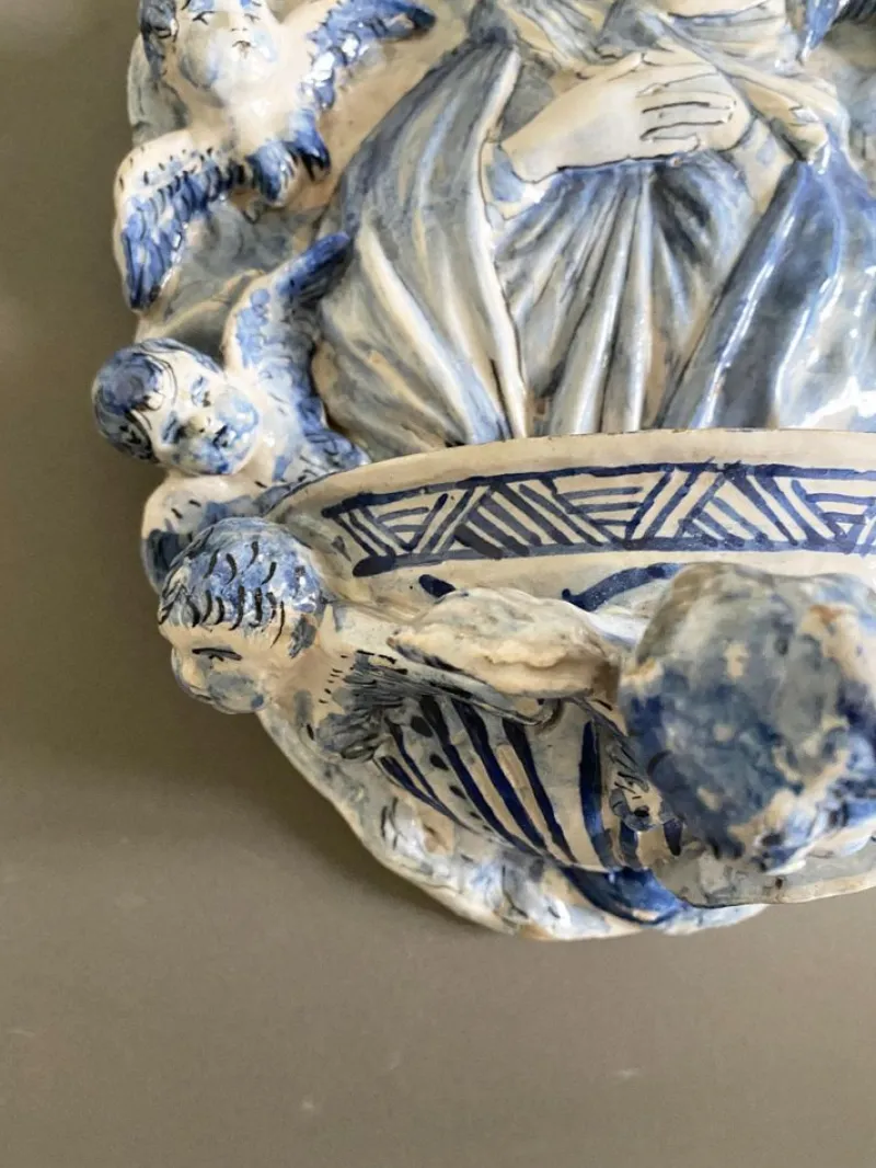 Pamono Vintage Italian White and Blue Pottery Holy Water Font with Little Angels, 1950s> Garden Accessories