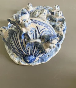 Pamono Vintage Italian White and Blue Pottery Holy Water Font with Little Angels, 1950s><noscript><img width=
