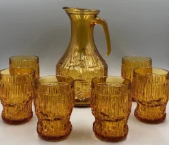 Outlet Pamono Vintage Juice Jug in Amber Glass with Glasses, 1970s, Set of 7