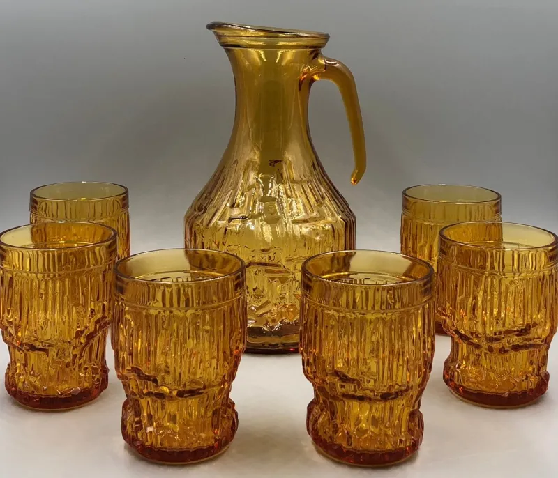 Outlet Pamono Vintage Juice Jug in Amber Glass with Glasses, 1970s, Set of 7