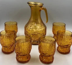Outlet Pamono Vintage Juice Jug in Amber Glass with Glasses, 1970s, Set of 7