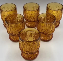 Outlet Pamono Vintage Juice Jug in Amber Glass with Glasses, 1970s, Set of 7
