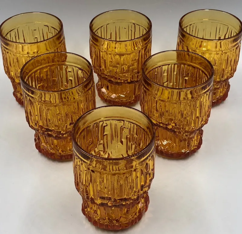 Outlet Pamono Vintage Juice Jug in Amber Glass with Glasses, 1970s, Set of 7