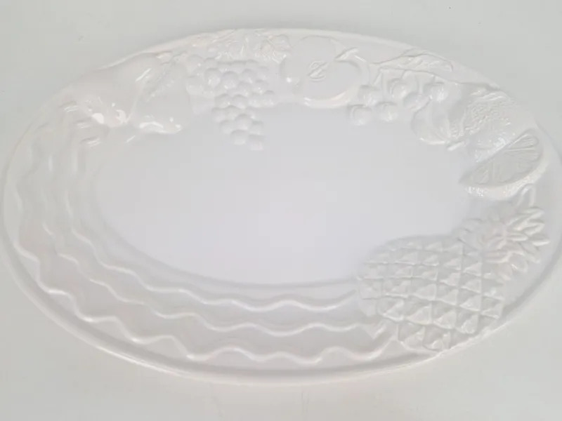 Pamono Vintage Large White Majolica Serving Bowl with Relief Fruits by A. Santos, Portugal, 1970s