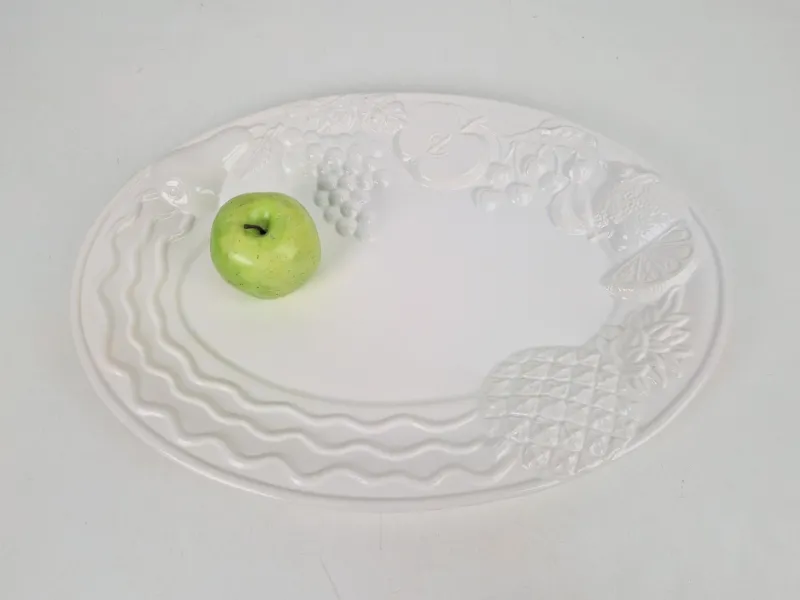 Pamono Vintage Large White Majolica Serving Bowl with Relief Fruits by A. Santos, Portugal, 1970s