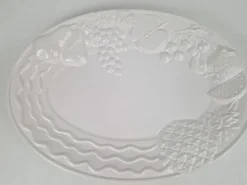 Pamono Vintage Large White Majolica Serving Bowl with Relief Fruits by A. Santos, Portugal, 1970s