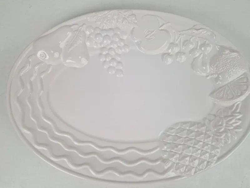 Pamono Vintage Large White Majolica Serving Bowl with Relief Fruits by A. Santos, Portugal, 1970s
