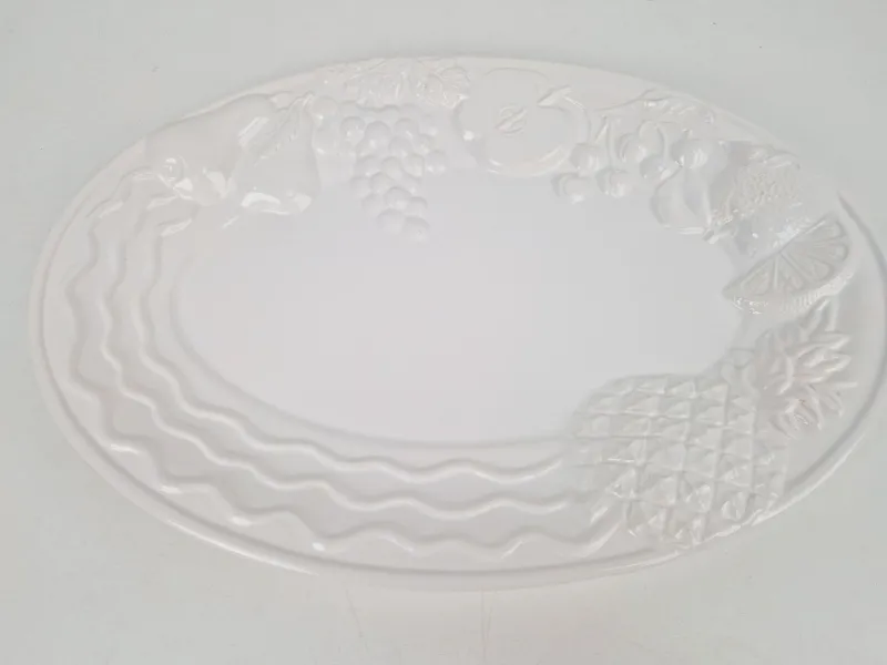 Pamono Vintage Large White Majolica Serving Bowl with Relief Fruits by A. Santos, Portugal, 1970s