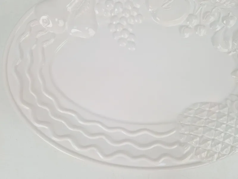 Pamono Vintage Large White Majolica Serving Bowl with Relief Fruits by A. Santos, Portugal, 1970s