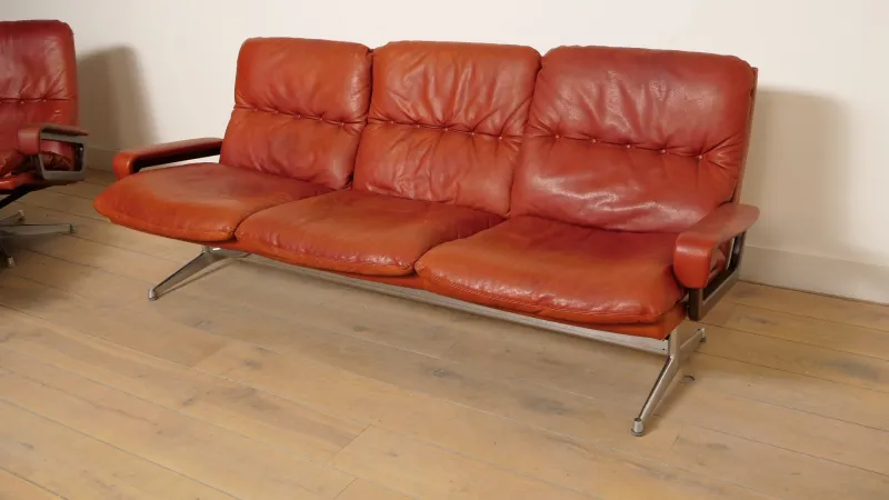 Clearance Pamono Vintage Leather Model King 3-Seater, Armchair and Hocker attributed to André Vandenbeuck for Strässle, Set of 3