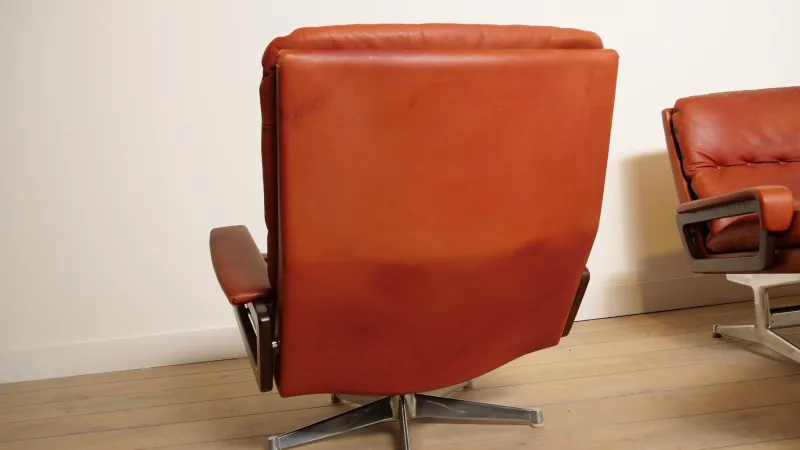 Clearance Pamono Vintage Leather Model King 3-Seater, Armchair and Hocker attributed to André Vandenbeuck for Strässle, Set of 3