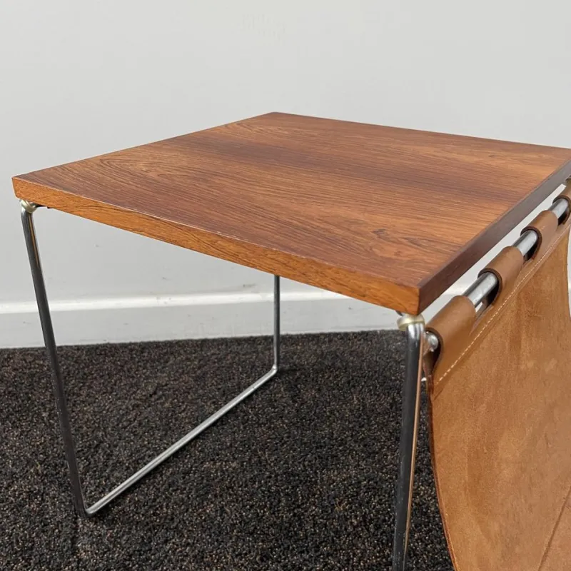 Pamono Vintage Leather, Rosewood & Chromed Steel Side Table / Newspaper Rack, 1970s> Magazine Racks