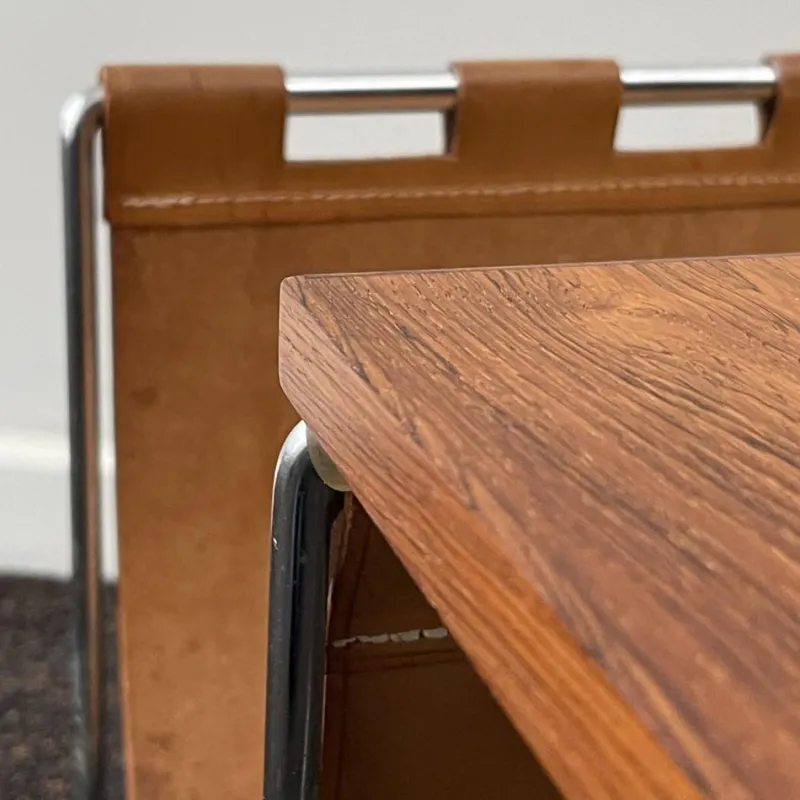 Pamono Vintage Leather, Rosewood & Chromed Steel Side Table / Newspaper Rack, 1970s> Magazine Racks