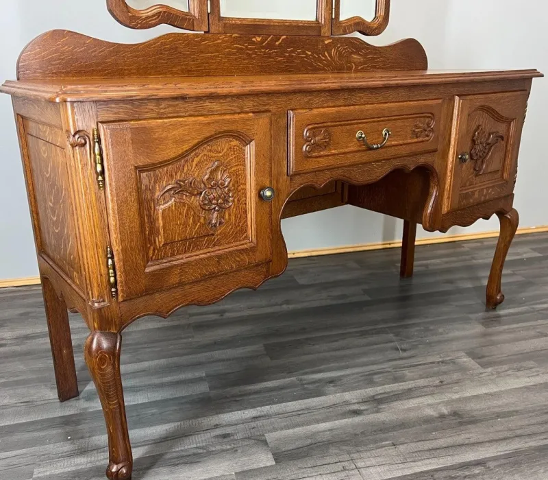Pamono Vintage Louis French Dressing Table with Mirror in Oak