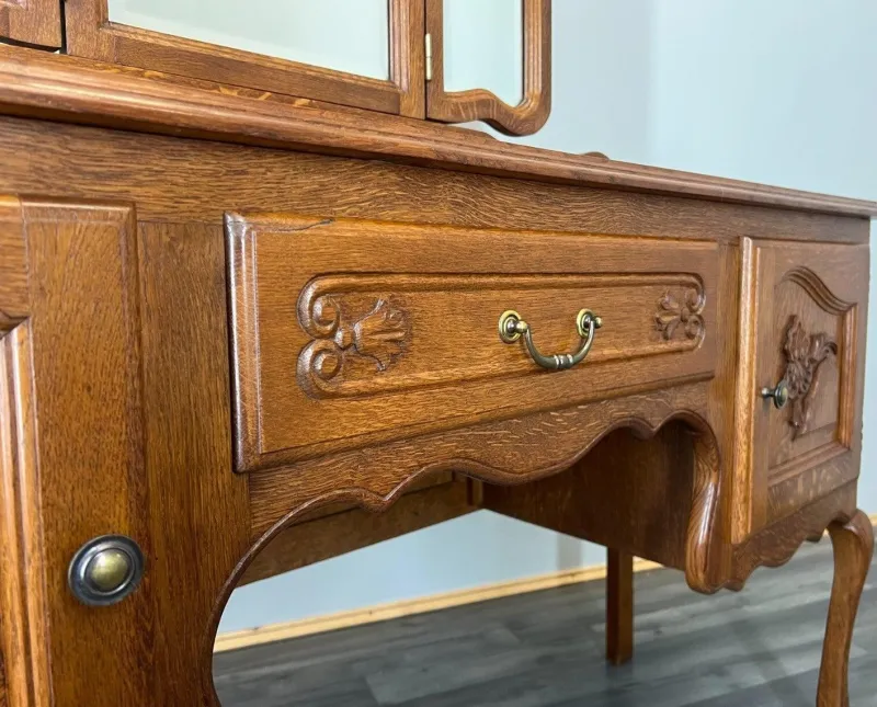 Pamono Vintage Louis French Dressing Table with Mirror in Oak