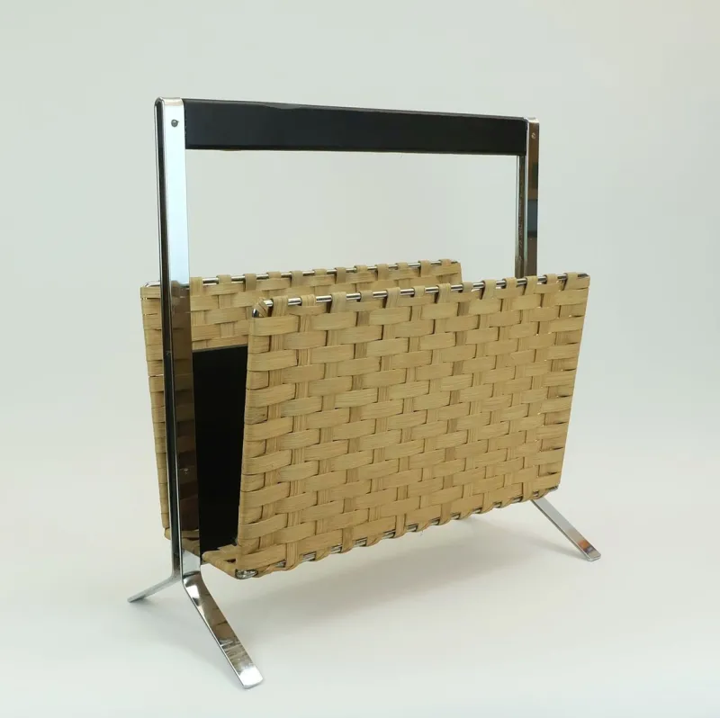 Pamono Vintage Magazine Rack in Chrome, Leather and Bamboo, 1970s> Magazine Racks