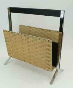 Pamono Vintage Magazine Rack in Chrome, Leather and Bamboo, 1970s><noscript><img width=