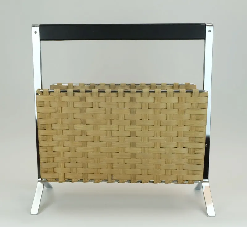 Pamono Vintage Magazine Rack in Chrome, Leather and Bamboo, 1970s> Magazine Racks