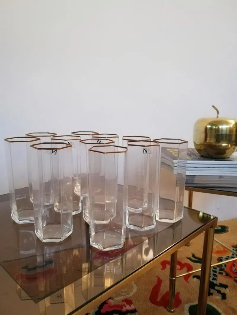 Pamono Vintage Murano Hexagonal Tumbler Glasses attributed to Nason Moretti, Italy, 1970s, Set of 12> Glassware