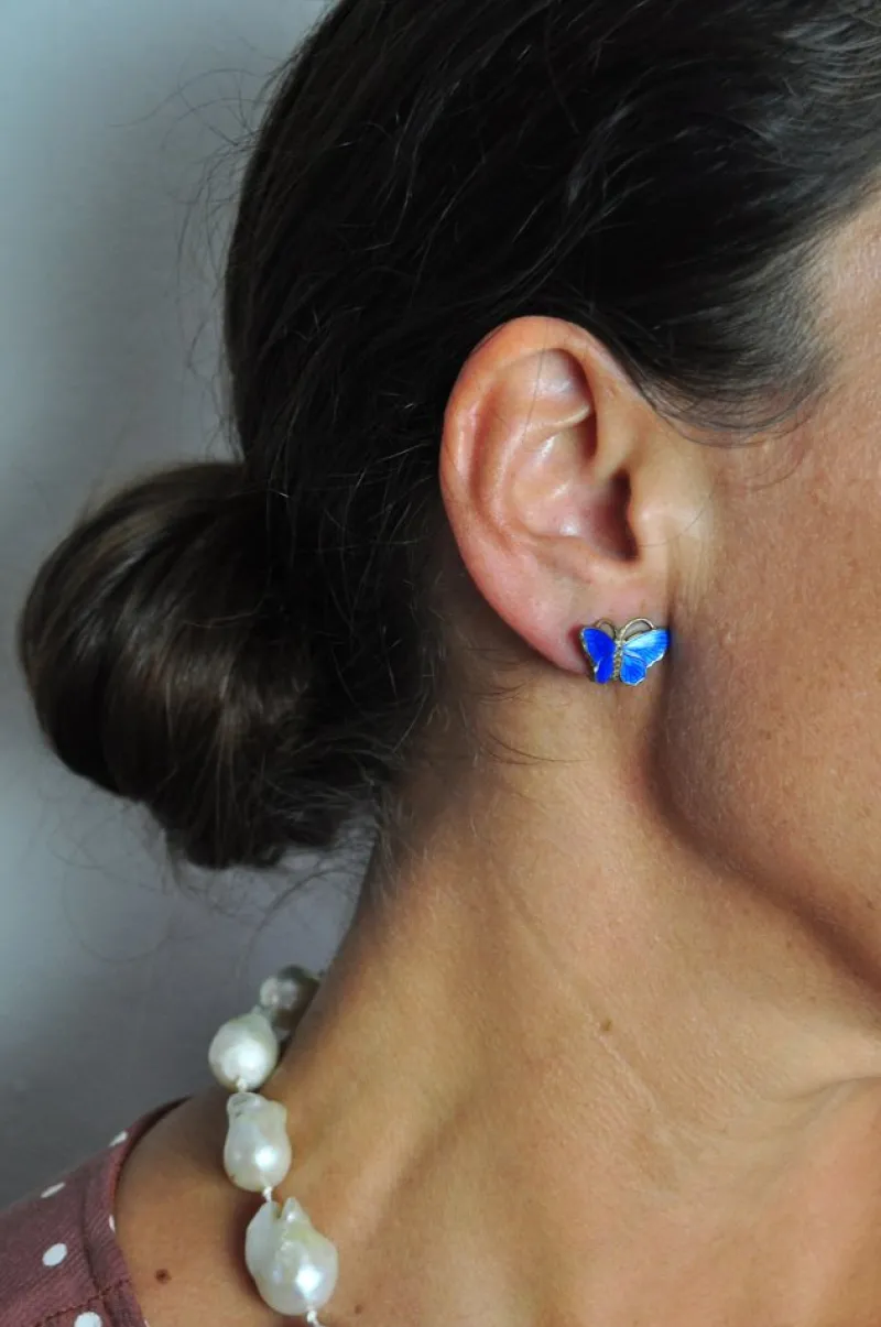 Pamono Vintage Norwegian Silver and Enamel Butterfly Ear Clips from Opro, Set of 2> Earrings