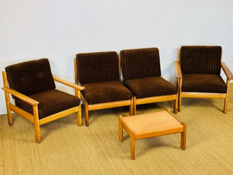 New Pamono Vintage Oak and Corduroy Modular Living Room Set by Afra & Tobia Scarpa, 1960s, Set of 5