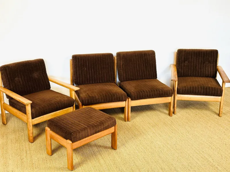New Pamono Vintage Oak and Corduroy Modular Living Room Set by Afra & Tobia Scarpa, 1960s, Set of 5