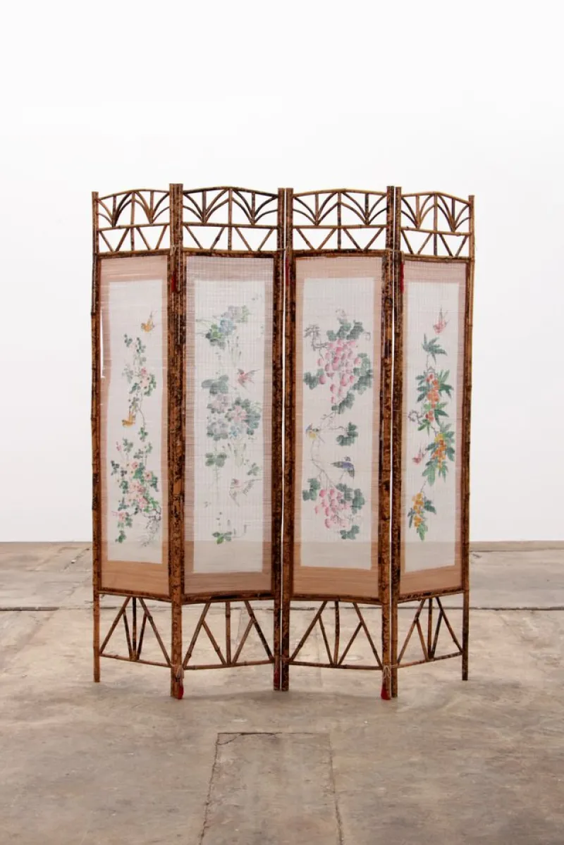 Pamono Vintage Oriental Folding Screen in Bamboo with Fabric, 1960s> Room Dividers & Screens