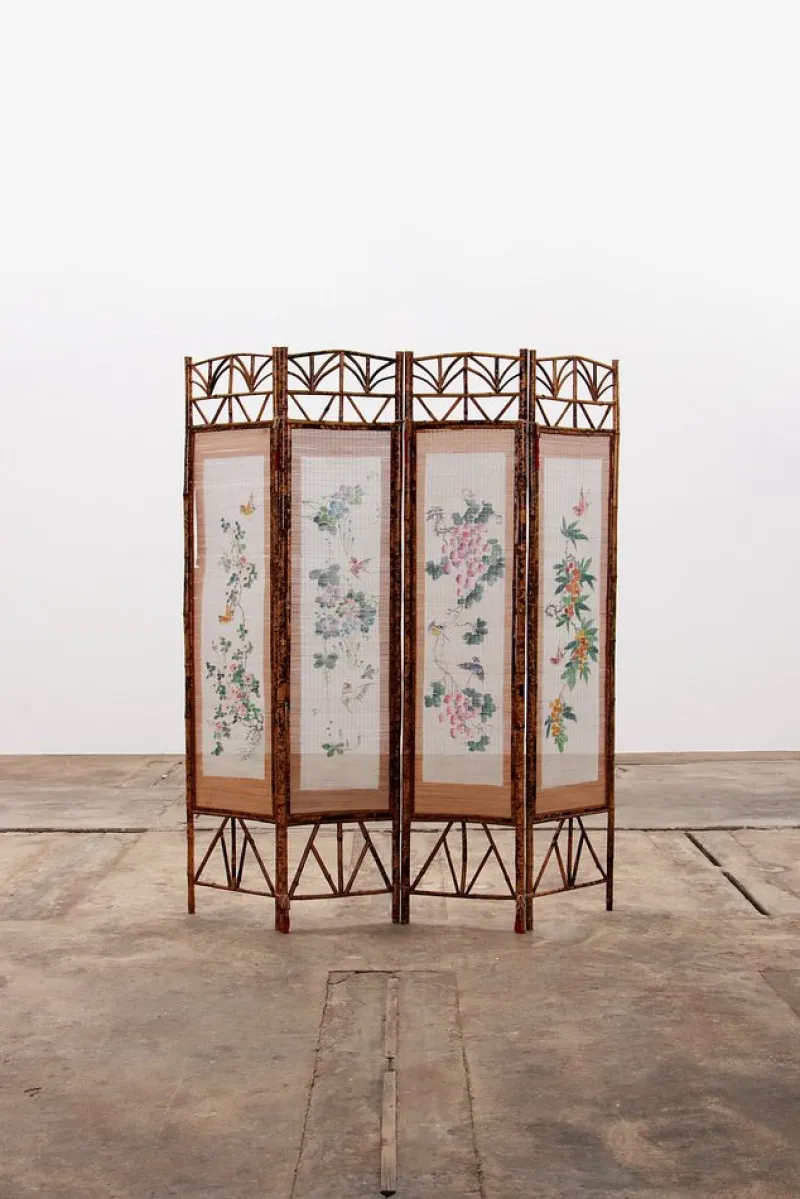Pamono Vintage Oriental Folding Screen in Bamboo with Fabric, 1960s> Room Dividers & Screens