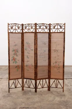 Pamono Vintage Oriental Folding Screen in Bamboo with Fabric, 1960s><noscript><img width=