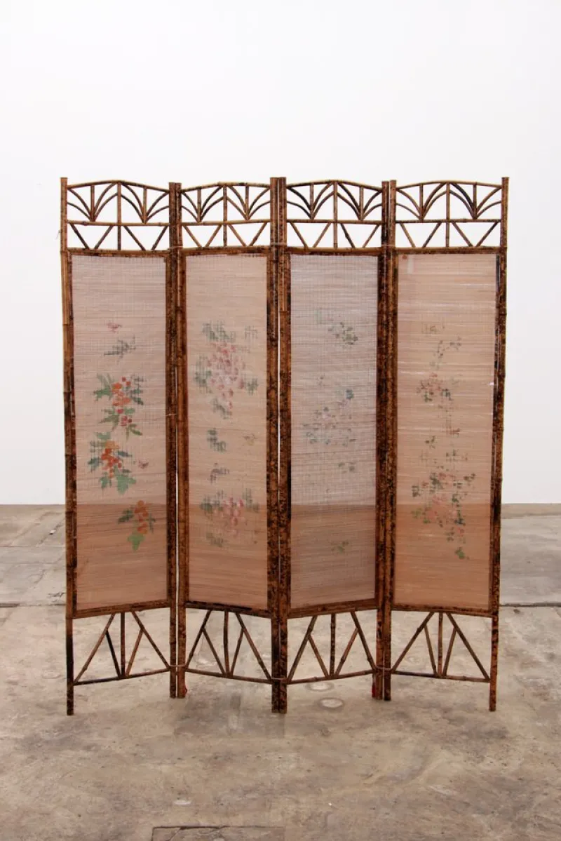 Pamono Vintage Oriental Folding Screen in Bamboo with Fabric, 1960s> Room Dividers & Screens