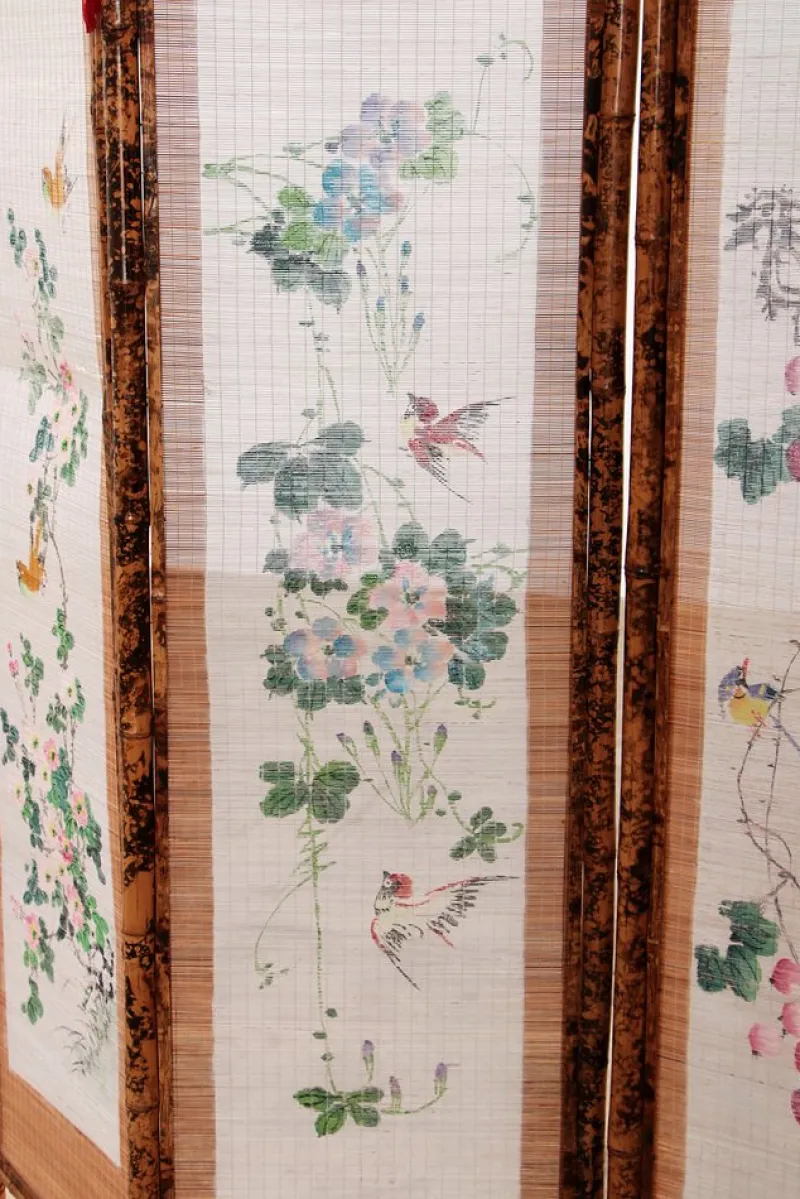 Pamono Vintage Oriental Folding Screen in Bamboo with Fabric, 1960s> Room Dividers & Screens