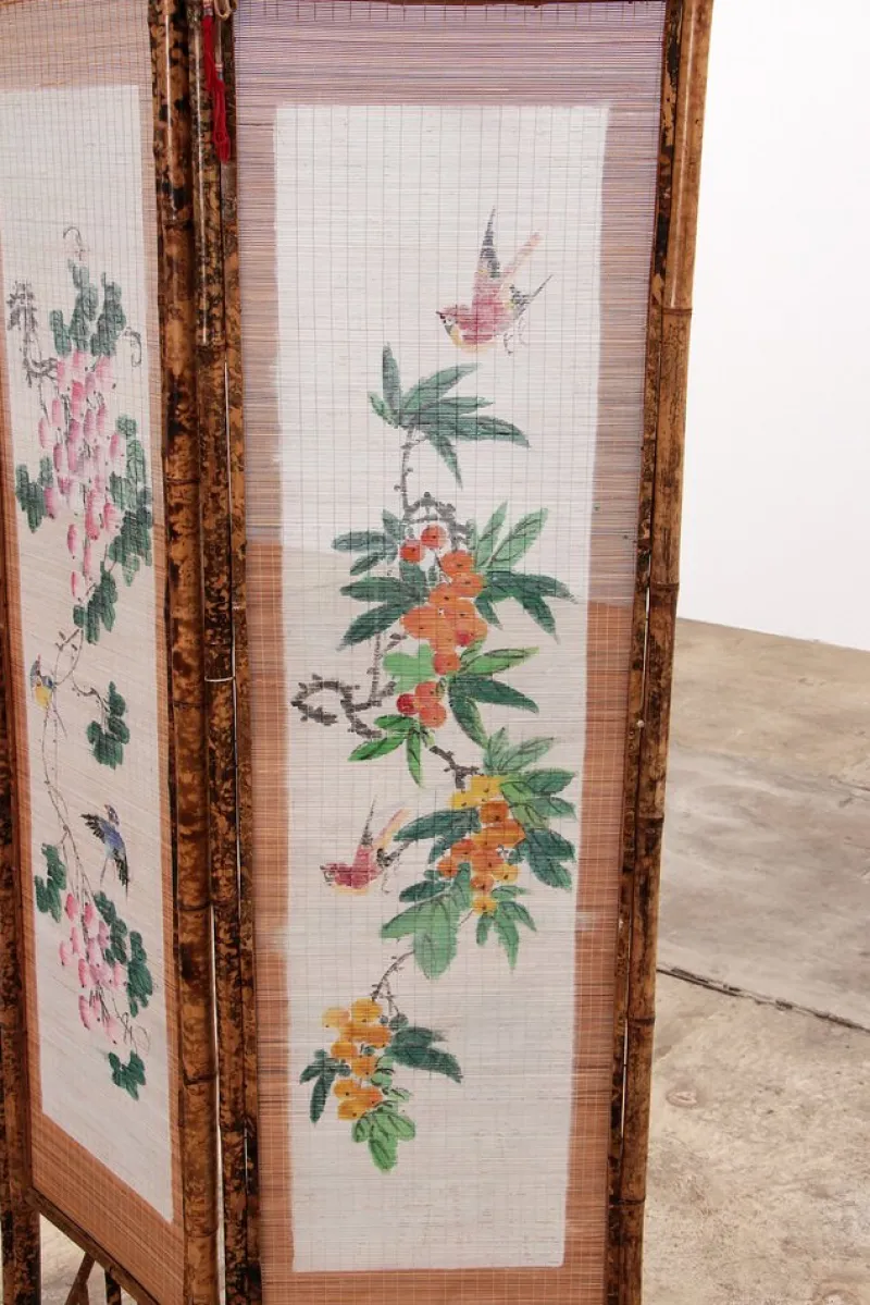 Pamono Vintage Oriental Folding Screen in Bamboo with Fabric, 1960s> Room Dividers & Screens