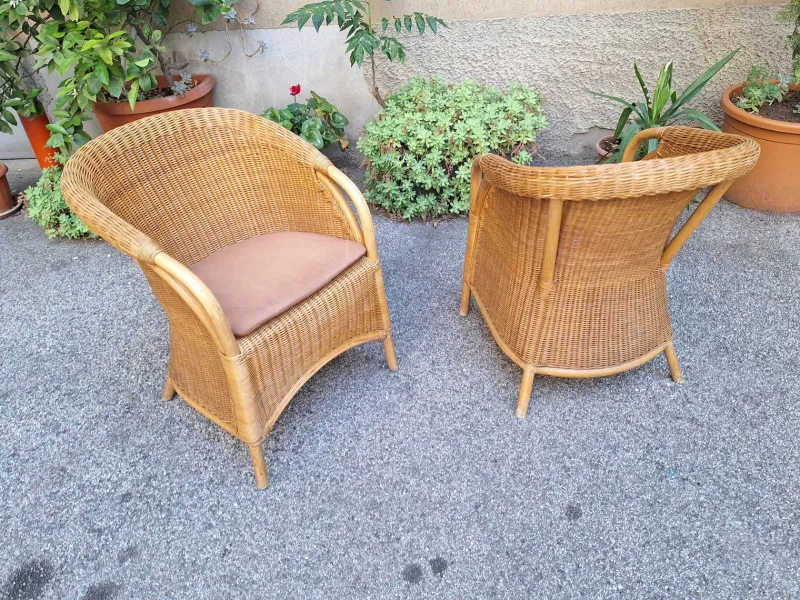 Pamono Vintage Outdoor Armchairs in Rattan and Bamboo, 1960s, Set of 2> Garden Seating