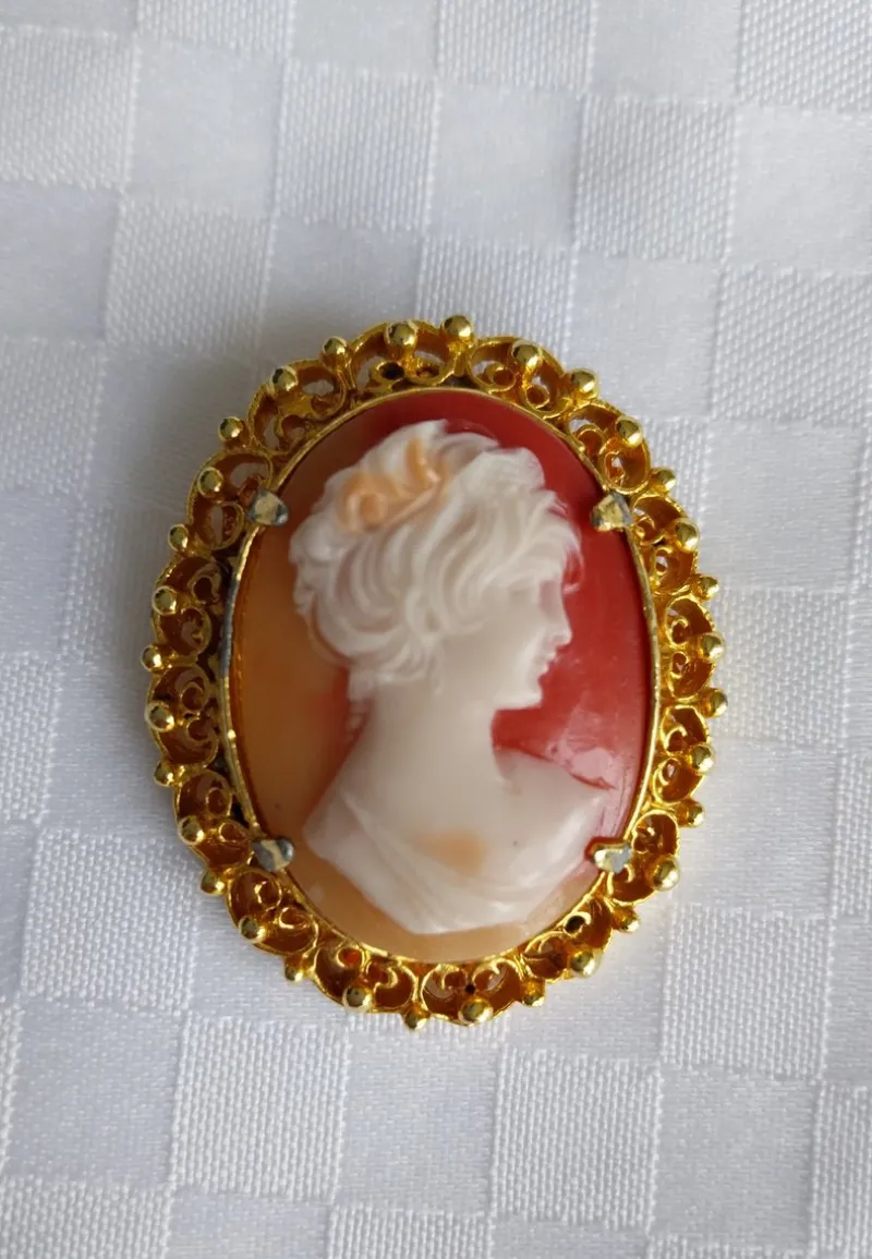Hot Pamono Vintage Oval Cameo Lady Gold Tone Brooch, 1930s