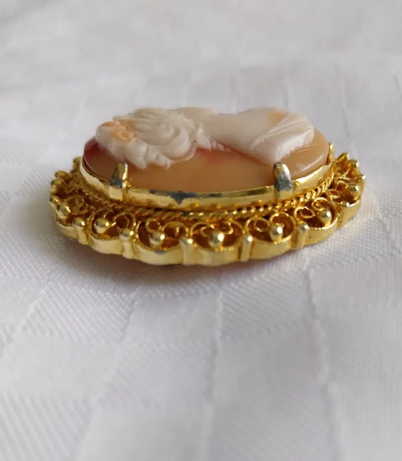 Hot Pamono Vintage Oval Cameo Lady Gold Tone Brooch, 1930s
