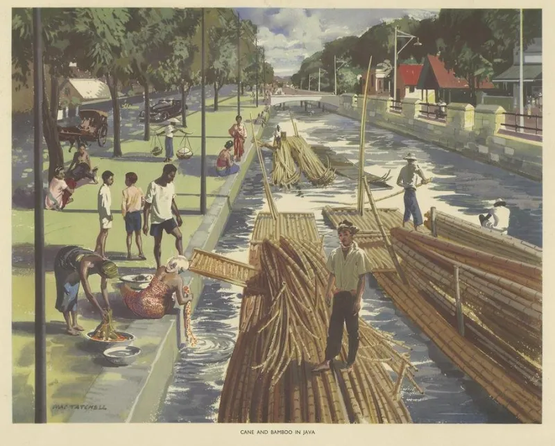 Discount Pamono Vintage Poster of Cane and Bamboo Transportation on Java c.1960