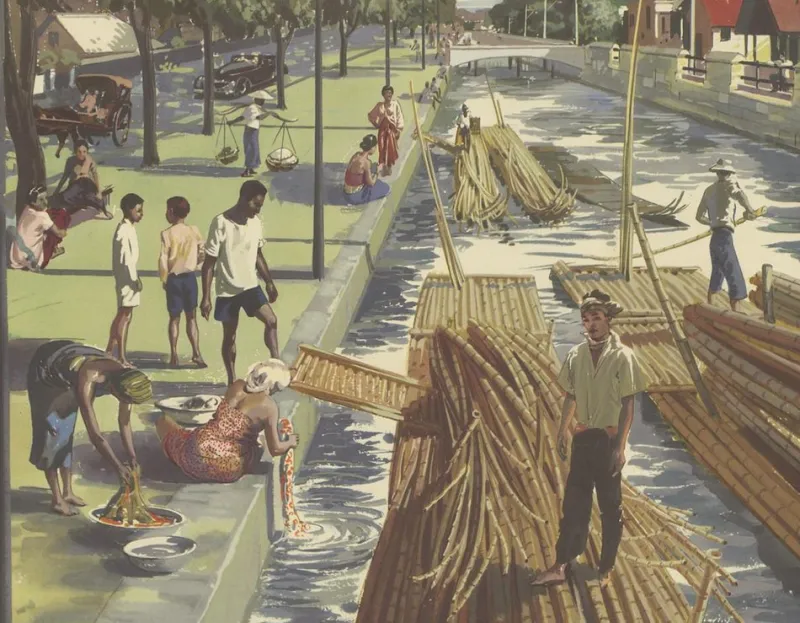 Discount Pamono Vintage Poster of Cane and Bamboo Transportation on Java c.1960