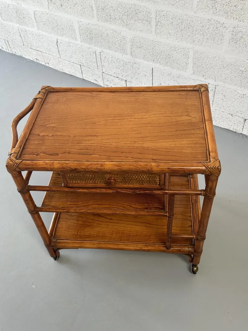 Sale Pamono Vintage Rattan and Leather Bar Cart
