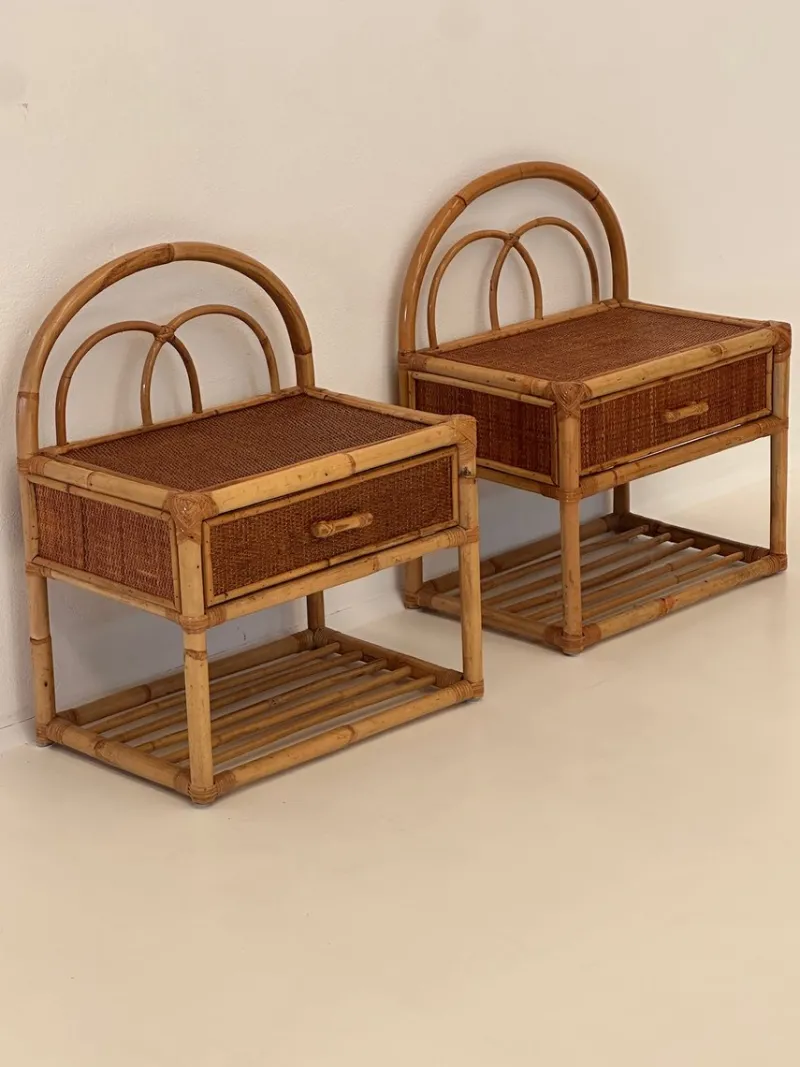 Pamono Vintage Rattan Bedside Tables, 1980s, Set of 2> Nightstands