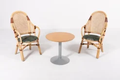 Pamono Vintage Rattan-Bamboo Indoor/Outdoor Chairs with Table, 1970s, Set of 3> Garden Tables