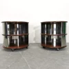 Pamono Vintage Round Bedside Tables in Walnut and Steel, 1970s, Set of 2> Nightstands