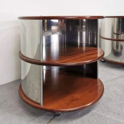 Pamono Vintage Round Bedside Tables in Walnut and Steel, 1970s, Set of 2><noscript><img width=