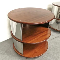 Pamono Vintage Round Bedside Tables in Walnut and Steel, 1970s, Set of 2><noscript><img width=