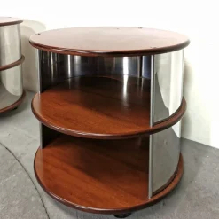 Pamono Vintage Round Bedside Tables in Walnut and Steel, 1970s, Set of 2><noscript><img width=