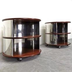 Pamono Vintage Round Bedside Tables in Walnut and Steel, 1970s, Set of 2><noscript><img width=
